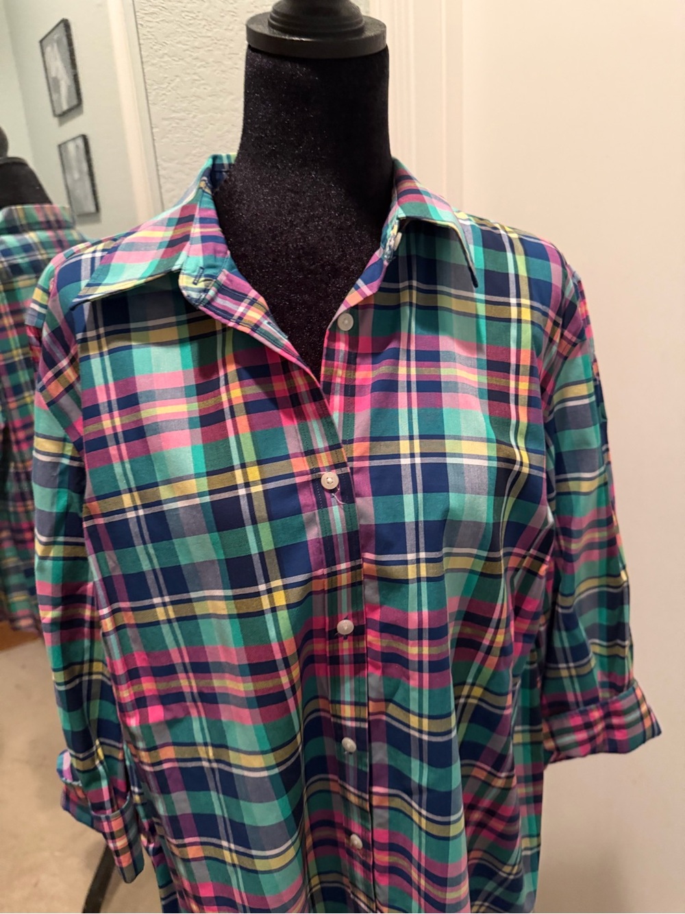 Chaps Plaid Button-Down Shirt in Blue, Green, Pink NWOT - Picture 2 of 7